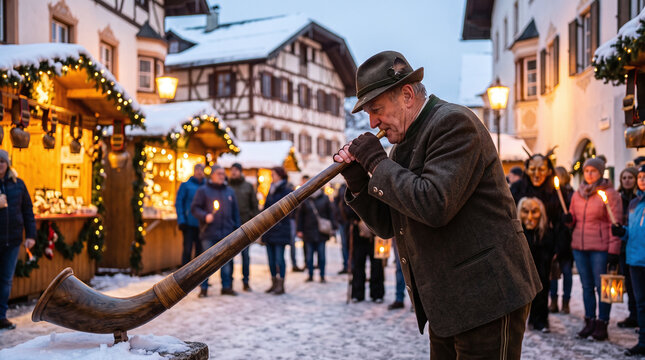 Man playing alphorn during Krampus festival in a snowy Alpine village square