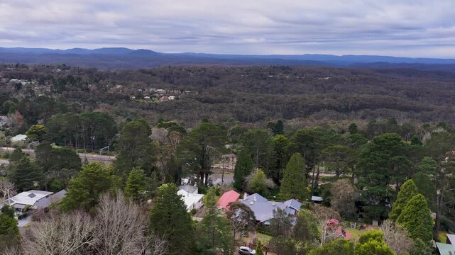 Aerial View of Wentworth Falls Suburban Houses and Eucalyptus Forest