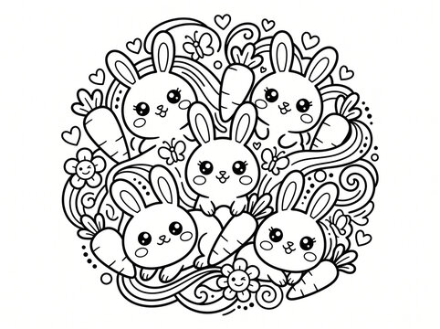 Kawaii Bunny Rabbit Doodle-Style Coloring Book Page Line Art Illustration