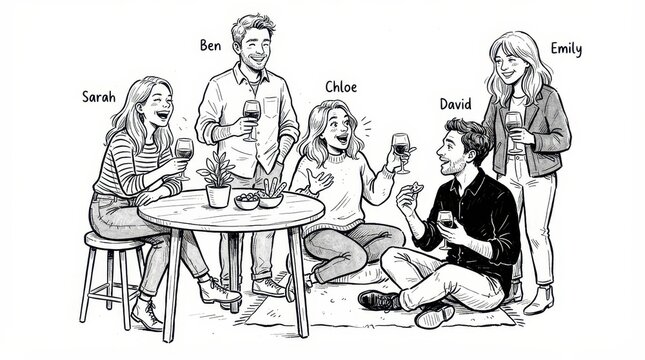 Group of friends sarah, ben, chloe, david, and emily socializing and drinking wine together