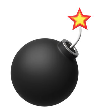 Black cartoon bomb with lit fuse and star spark, 3D rendered explosive icon, comic style round cannonball bomb for gaming and UI design isolated on Transparent Background