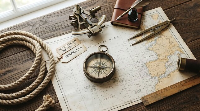 Vintage navigation tools compass sextant map rope nautical exploration vintage