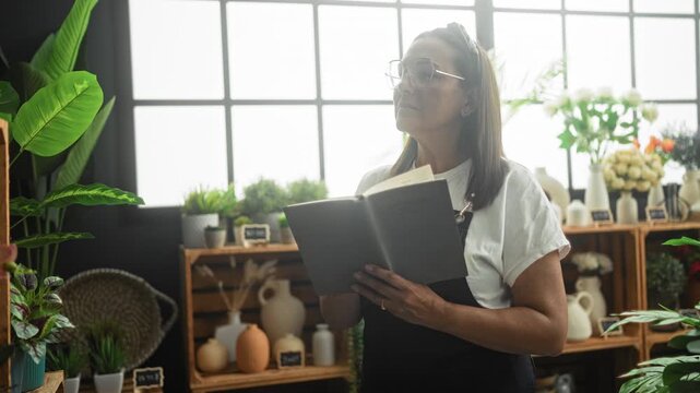 Woman florist in apron holding an open book with hands reading by a large window in studio; quiet concentration.