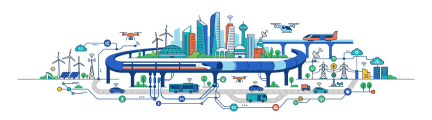 Naklejka premium Smart City Technology: Sustainable Urban Transport and Renewable Energy Network
