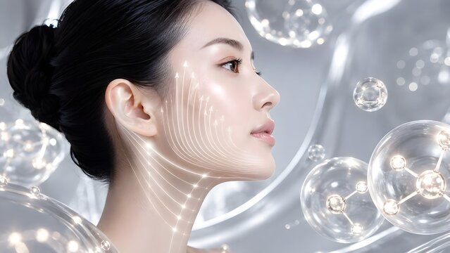 Side profile of a woman with glowing lifting matrix lines and peptide spheres