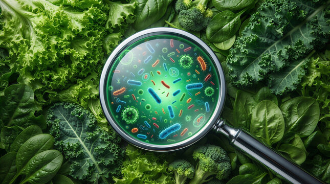 Magnified Microbes in Greens A closeup view through a magnifying glass reveals a vibrant collection of various microscopic organisms bacteria and germs scattered amidst fresh