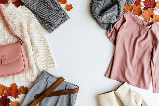 Autumn fashion outfit with cozy sweater and fall clothing style on white background