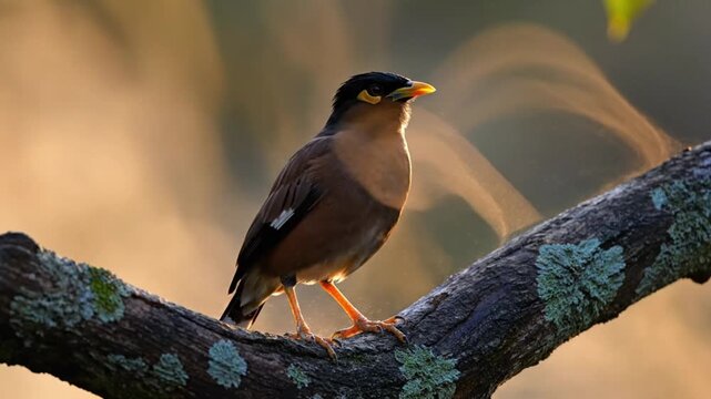 A common myna bird perched on a mossy tree branch at golden hour.