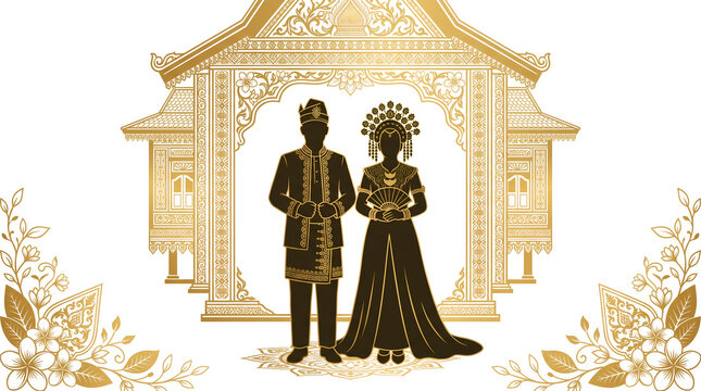 Traditional Indonesian Wedding Couple Silhouette in Gold Illustration png transparant design by alevidhanu for Cultural Ceremony
