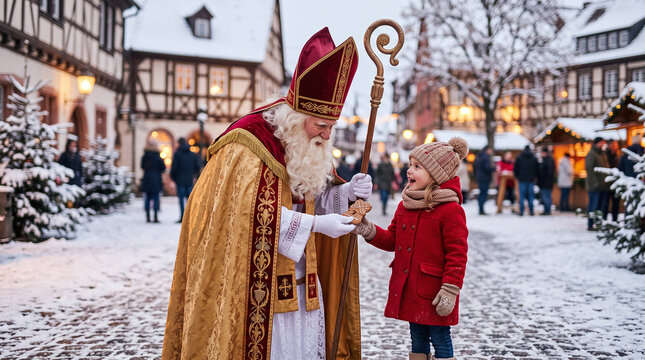 Saint Nicholas giving gingerbread to a happy girl at a snowy Christmas market