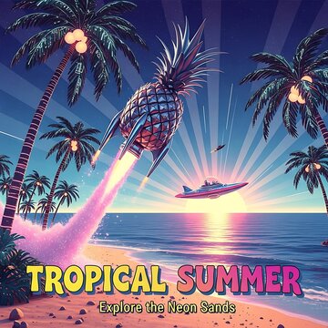 Pineapple rocket launching from tropical neon beach at sunset