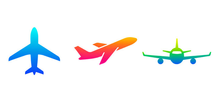 Set of three gradient airplane icons in different views: top, side perspective, and front. Minimalist silhouettes on a white background for travel design.