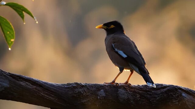 A common myna bird perched on a tree branch during a golden sunrise.