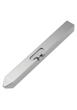 A single long metallic silver metal bar with a small rectangular slot in the middle area isolated on transparent background