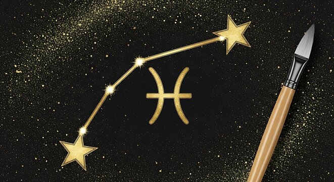 Pisces zodiac sign and constellation on a golden background