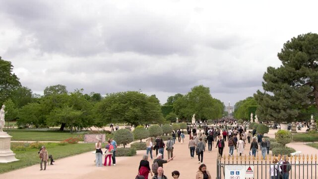 Tourists Walking Through Tuileries Garden in Paris France