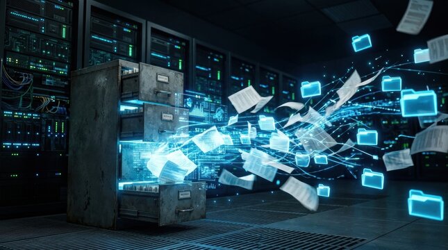 Digital Data Transformation: A vintage filing cabinet glows with neon blue light, as digital files and folders burst forth, symbolizing the dynamic transfer of information in a modern data center.