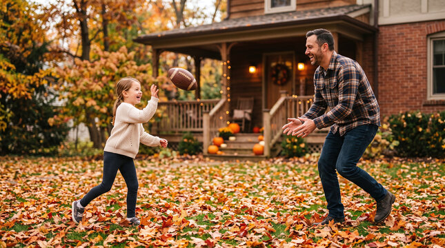 Father and daughter playing football in autumn backyard on Thanksgiving day