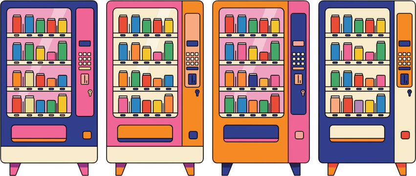 Row of colorful vintage vending machines illustration in flat cartoon style.
