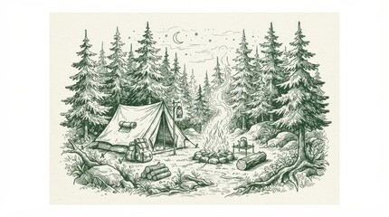 Obraz premium Handdrawn camping scene with a tent, campfire, and pine forest