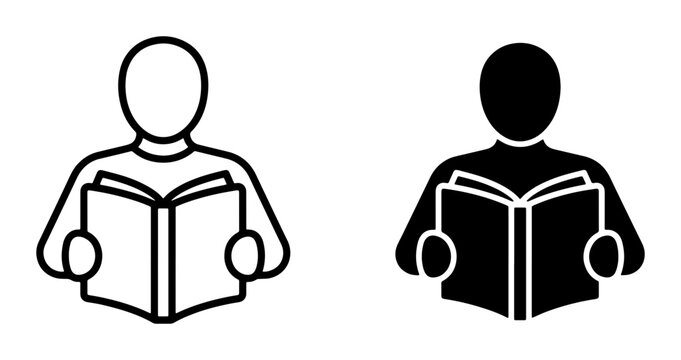 Reading Person Icons, Silhouette and Outline, Educational Symbol, Knowledge Acquisition, Literacy Concept, Simple Vector Graphics