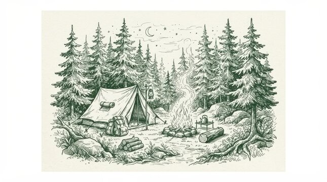 Handdrawn camping scene with a tent, campfire, and pine forest