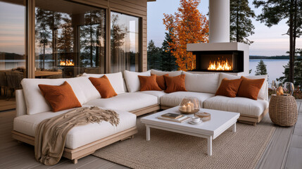 Obraz premium Modern outdoor patio with white sectional sofa, orange pillows, fireplace, and lake view, cozy autumn atmosphere, warm inviting design