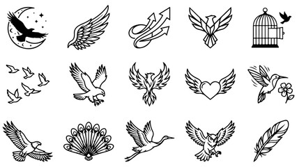 Obraz premium Set of black and white bird icons featuring eagles hawks and various flying birds in silhouette style