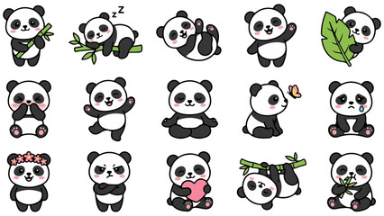 Set of cute baby panda bear character stickers in various funny poses and activities © OMESA