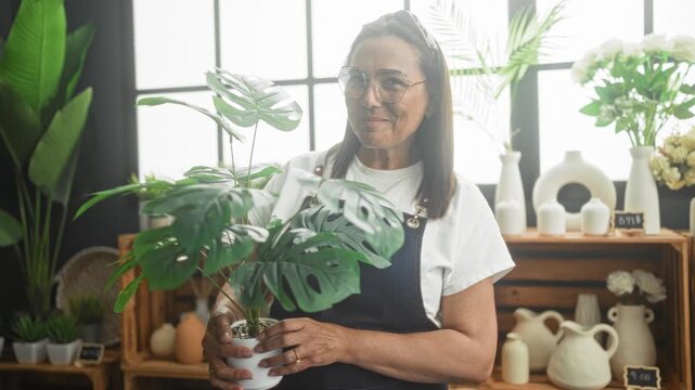 Woman florist wearing apron holding potted monstera plant with hands and smiling amid ceramic vases on wooden shelves in studio; gentle contentment.