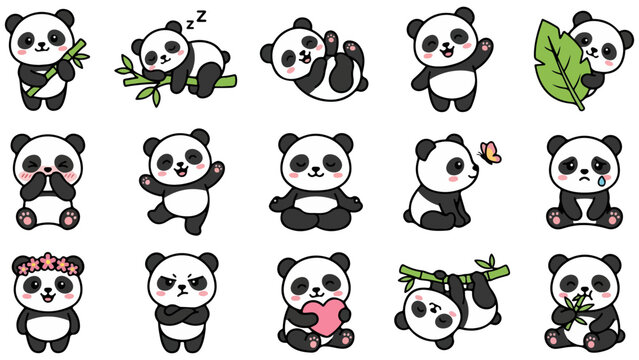 Set of cute baby panda bear character stickers in various funny poses and activities