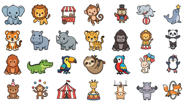 Set of cute cartoon wild animals and circus elements in flat vector style for kids stickers design