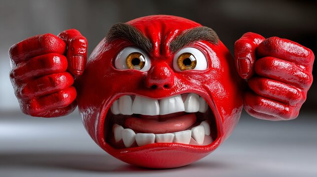 Angry red cartoon face with clenched fists and a furious expression