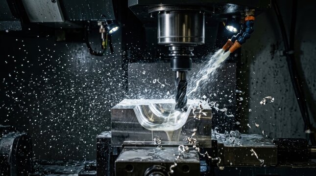 CNC milling machine cutting metal with coolant spray in a factory