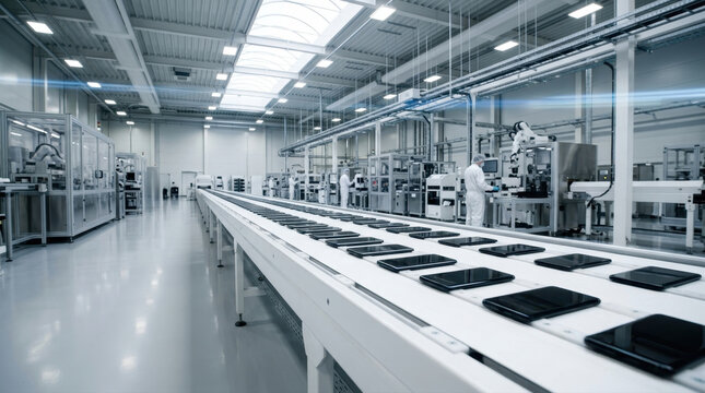 Modern smartphone manufacturing assembly line inside a high-tech factory