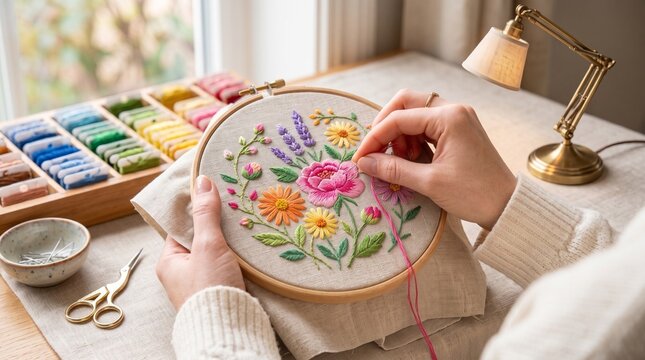 Woman hand embroidering floral pattern in hoop at a cozy table  