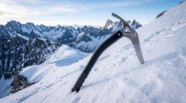 Ice axe standing in snow on mountain peak with rocky landscape  