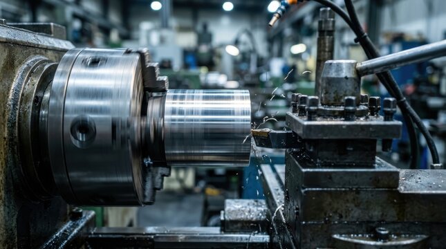 Industrial metal lathe machine cutting steel part in a factory workshop