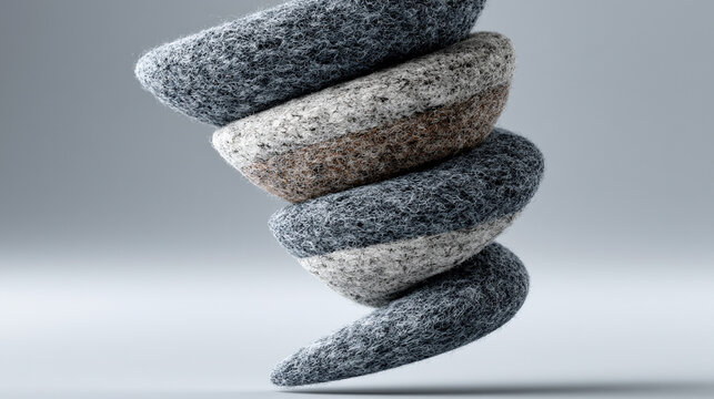 Stones in varying shades of grey are balanced in a precarious vertical stack against a clean background.