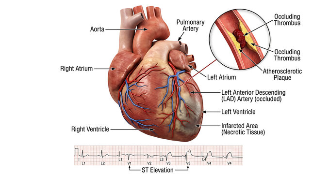 Human heart anatomy with stemi and blocked arteries