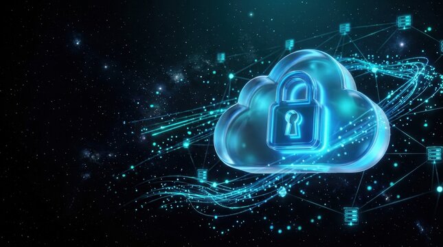 Cloud Computing Security: A luminous blue cloud icon with a prominent padlock symbolizes secure cloud computing and data protection, set against a dark, abstract digital background.
