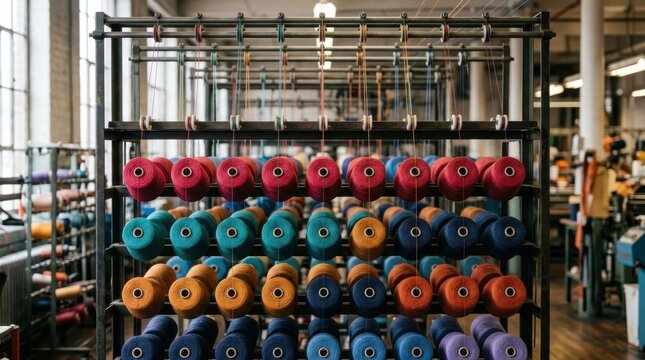 Industrial textile factory machine with colorful yarn spools in mill