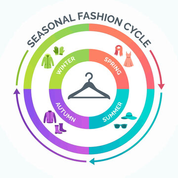 Circular seasonal fashion cycle infographic with clothing icons.
