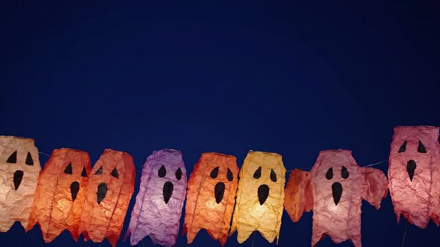 Paper lantern ghost decorations hanging at night