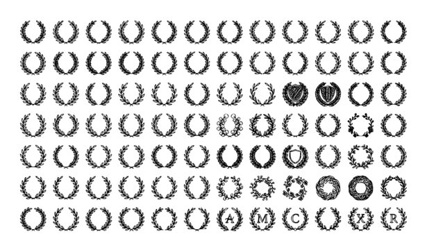 Ornamental Laurel and Olive Branch Wreath Collection with Botanical Floral Frames Victory Symbols Editable Stroke Vector Set