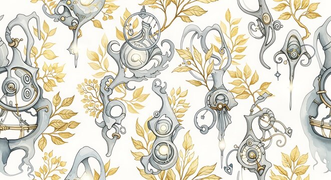 Intricate seamless pattern with clockwork elements and golden leaves