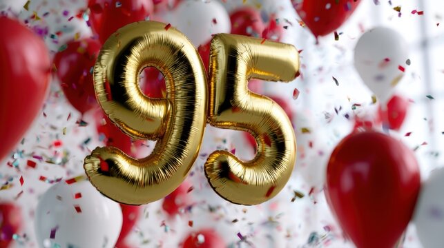 Festive celebration with golden balloons shaped as number ninety five surrounded by red and white balloons and colorful confetti falling in the background