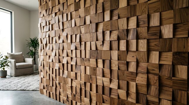 Modern Interior Living Room Design Featuring a Luxury 3D Reclaimed Wood Block Wall Panel Texture