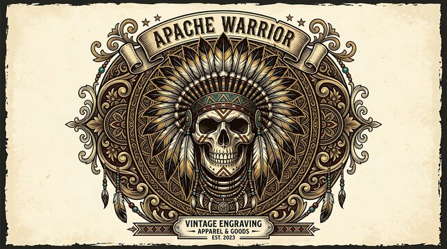 Vintage Apache Warrior Skull Illustration with Native American Feather Headdress in Ornate Engraving