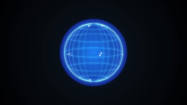 Blue wireframe globe expanding with light pulses in dark space during digital network communication